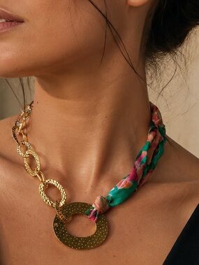 Gold Link Necklace with Green Floral Scarf Accent